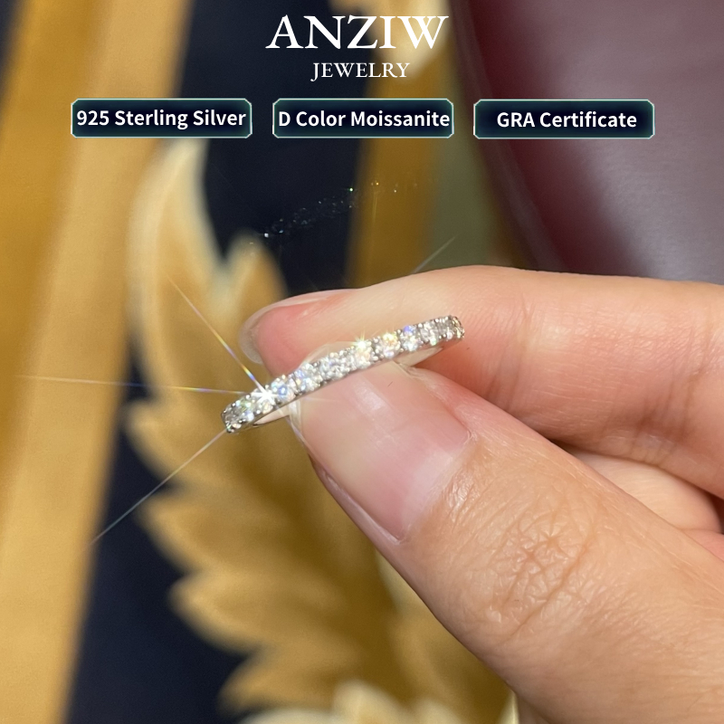 Anziw-Bagues empilables classiques en argent regardé 925 pour femme, bande d'éternité Moissanite D, bague de fiançailles de mariage, bijoux fins, 2mm