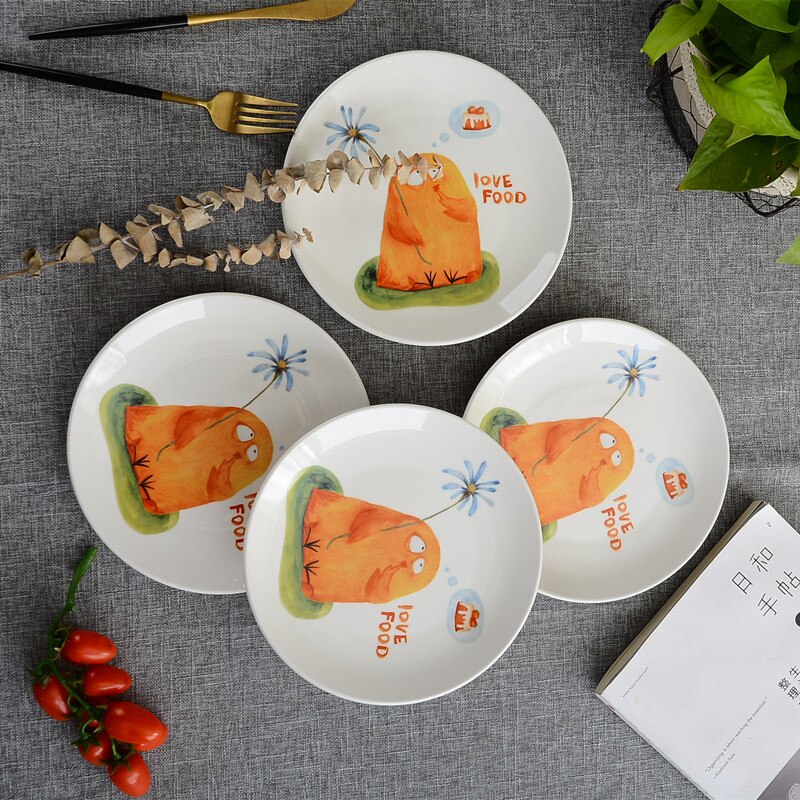 4Pcs 8-inch cartoon animal tableware western steak dessert cake salad fruit ceramic plate storage decorative tray: L