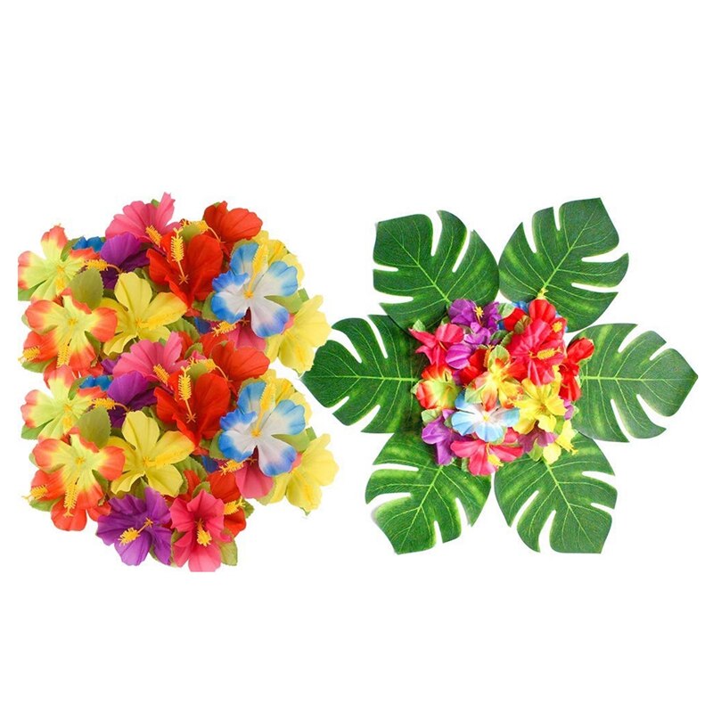 90Pcs Tropical Palm Leaves and Hibiscus Flowers, Artificial Leaves Plants Hibiscus Flowers Fete Deco, Hawaiian Party Jungle Beac