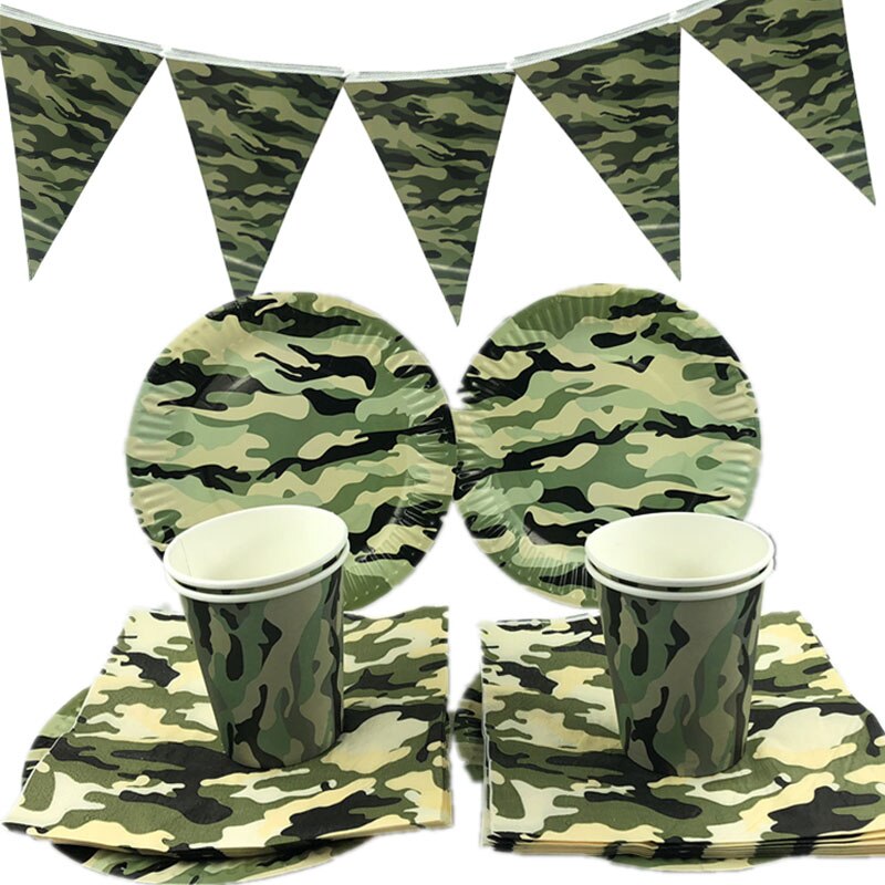Army Green Camouflage Theme Party Disposable Paper Tableware Decorative Banners For Kids Birthday Party Decor