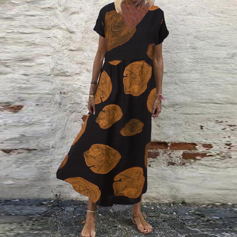 De las mujeres vestido de tirantes de verano estampado Retro vestido Maxi ZANZEA pantalón corto Casual manga Vestisdos mujer cuello en V bata de 5XL: YELLOW / 4XL