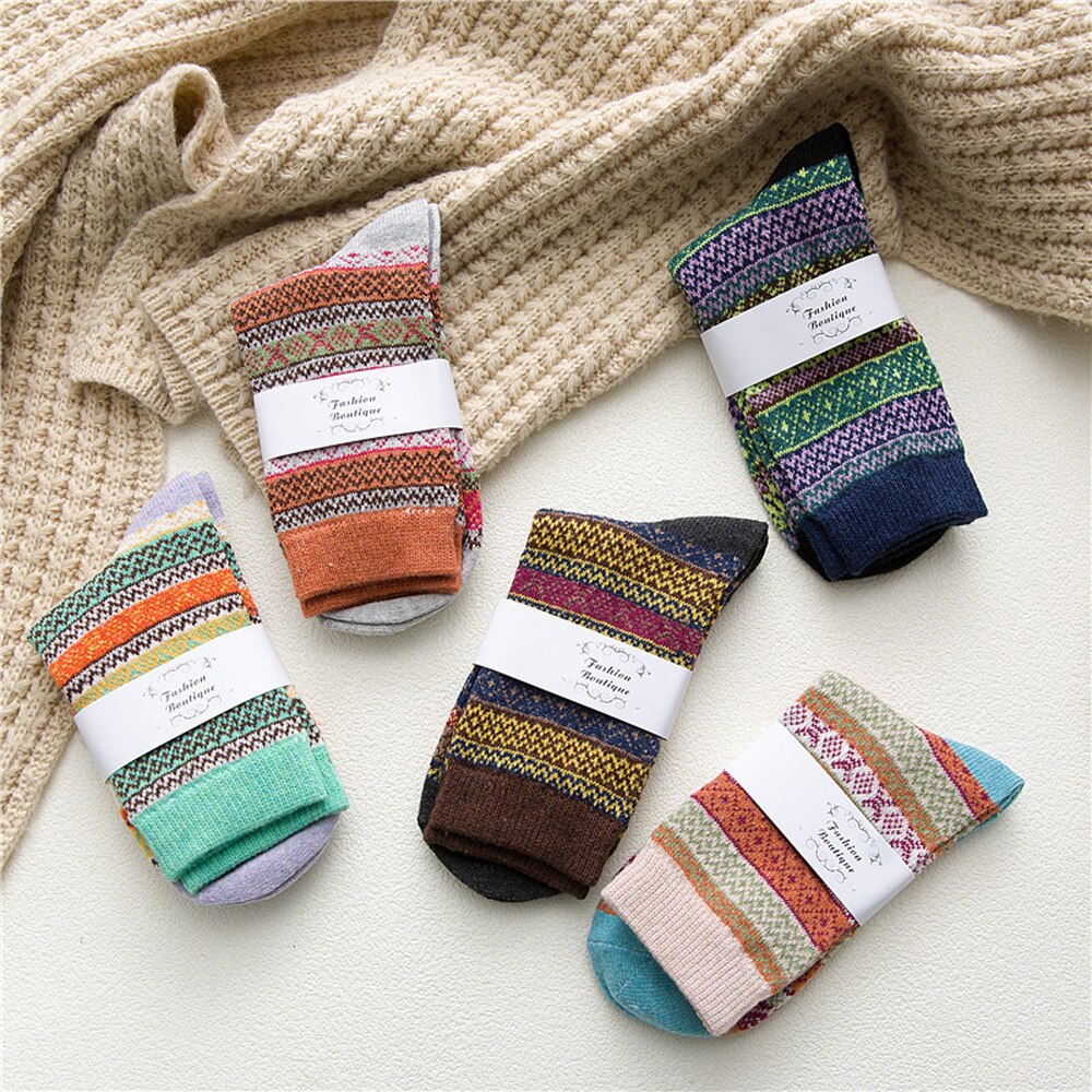 5 Paren/set Winter Dikker Wol Vrouwen Meisjes Sokken Etnische Multicolor Gestreepte Zachte Warme Casual Sport Sokken Kleding Leuke Sok