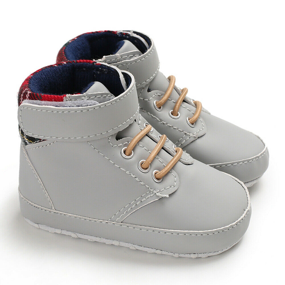 Mode Winter Peuter Meisjes Jongens Laarzen Lace-up Crib Schoenen PU Leer Plaid Pasgeboren Baby Prewalker Zachte Zool sneakers: Grijs / 7-12 Months