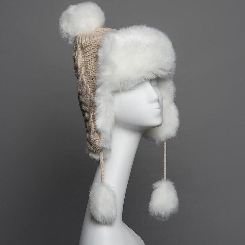 Gours – chapeaux en fausse fourrure russe pour femme, couvre-chef épais et , en tricot, à la , hiver, GLH030: Beige