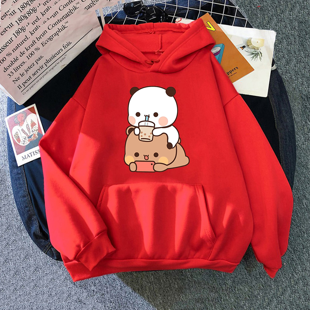 Bubu And Dudu Drink Bubble Tea Print Women Hoodie Kawaii Female Sweatshirt Harajuku Loose Long Sleeve Plus Size Clothes Tops: XXXL / Dark Grey