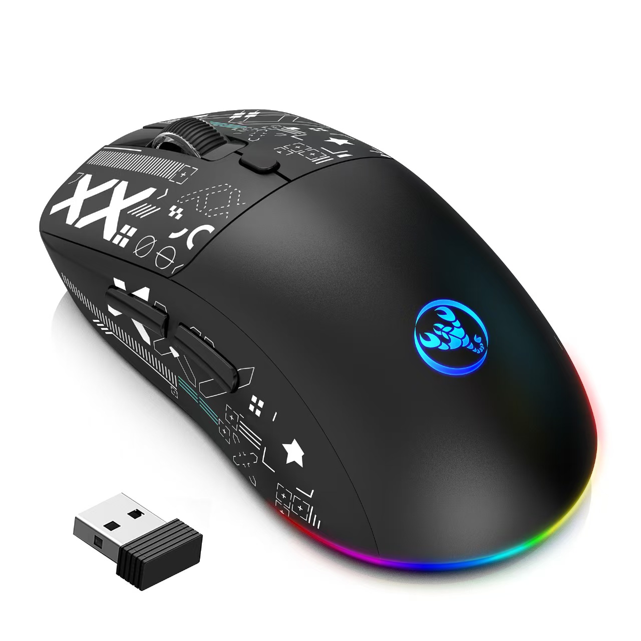 HXSJ T90 RGB-Gaming-Maus mit Hintergrundbeleuchtung, kabelgebunden, 2,4 G, Bluetooth, kabellos, neues Modell, 650 mAh Akku, 500 Millionen Klicks bis zu 4000 DPI: Black