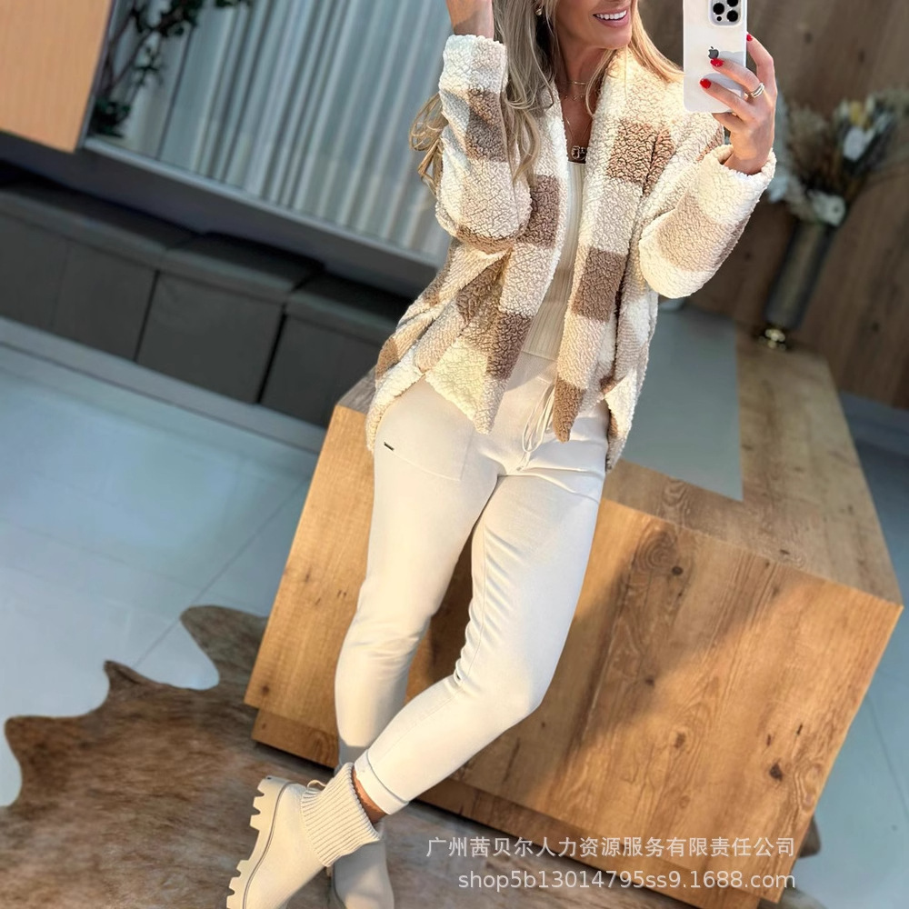 Damesjas Kaki herfst- en winterfleece geruit patroon Casual vest met vleermuismouwen voor dames