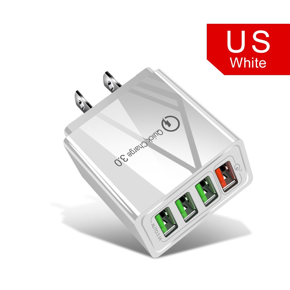 36W Ricarica Rapida 3.0 UE STATI UNITI REGNO UNITO Veloce del Caricatore del USB Per il iPhone X 11 Smausng S20 Xiaomi MI 10 huawei QC3.0 Della Parete Del Caricatore Del Telefono Mobile: Charger With Light / White  4 Port  US