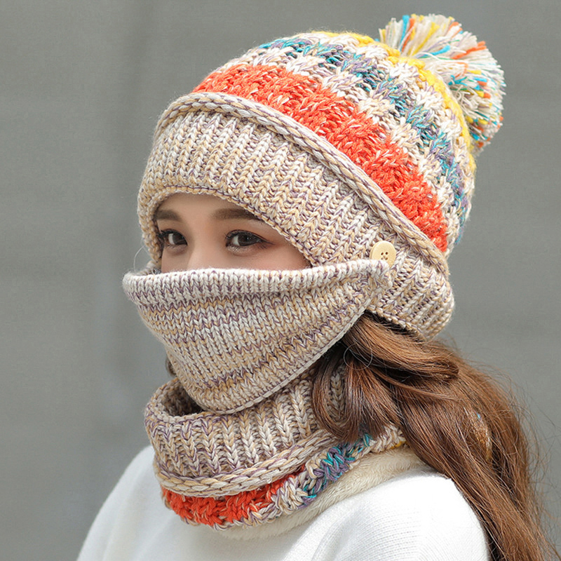 Ungdom vinter tykk pluss kashmir varme masker lue skjerf høst vinter kvinners strikke lue ull ball dekke øre krage tre sett: beige
