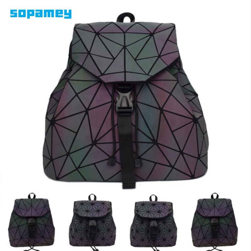 Women Backpacks Drawstring Luminous Geometry Folding Backpacks Bags Female Small School Bags For Teenage Girls Mochila