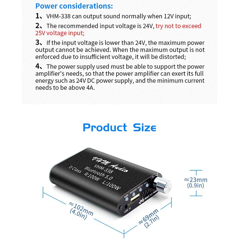 VHM338 Mini Bluetooth 5.0 Digital Amplifier Hifi Stereo Wireless o Receiver Power Amp 100W+100W Car Sound Amplifiers
