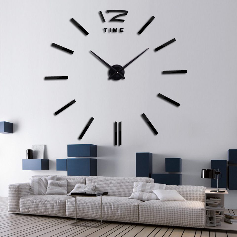 Big Wall Clock Quartz 3D Stereo DIY Wall Sticker Clock Living Room Simple Decoration Clock Acrylic MirrorClock: Black / 36 inch(70-90cm)