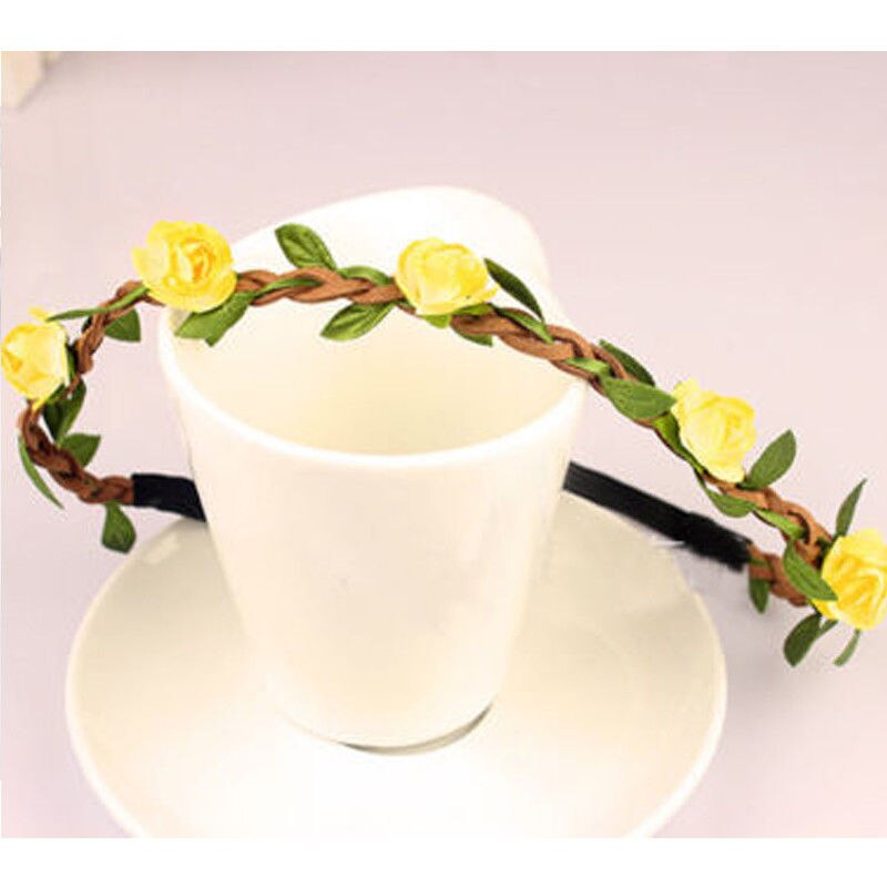 Women Girl Boho Rainbow Flower Floral Stretchy Hairband Headband Wreath Party Bride Wedding Beach Hair Accessories: Yellow