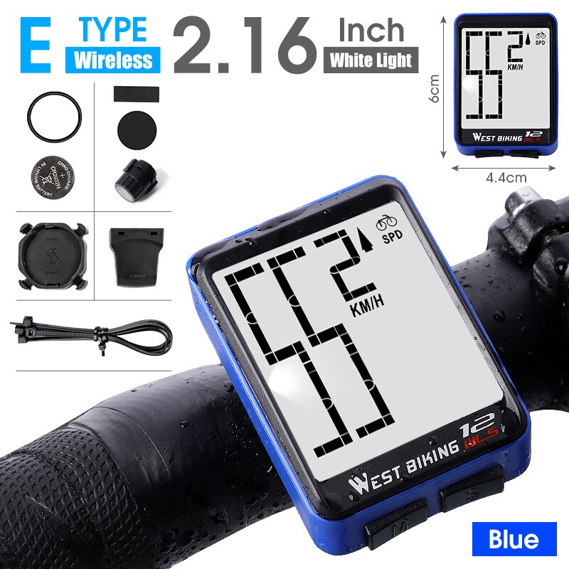 WEST BIKING-velocímetro de ciclismo, ordenador con pantalla grande de 2,8 pulgadas, resistente al agua, 20 funciones, inalámbrico y con cable, para bicicleta de montaña: E Wireless Blue