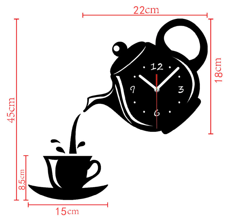Thuis wonen koffiekopje acryl spiegel wanddecoratie stickers klok diy theepot wandklok horloge decoratie cms 02