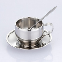 1Pcs Roestvrij Staal Koffiekopje Schotel En Lepel Set Rvs Dubbele Wand Koffiekopje Duurzaam Kopje Koffie