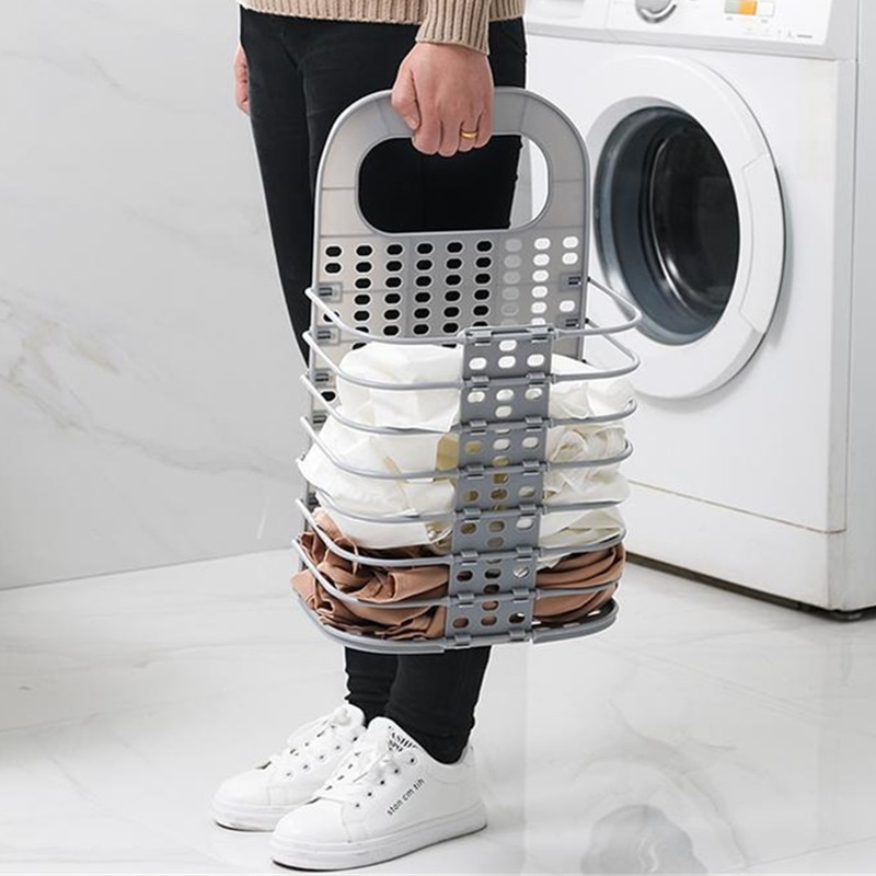 Upgraded Plastic Dirty Laundry Basket Foldable Home Dirty Hamper Sturdy Handle with 2 No Drilling Hooks