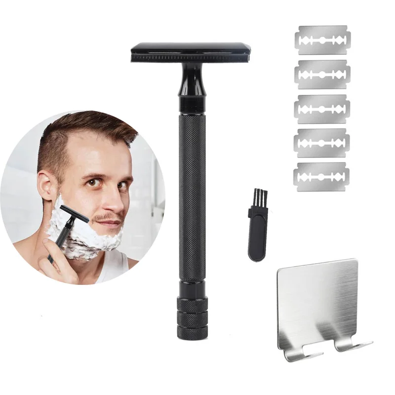 Maquinilla de afeitar de seguridad con cepillo para hombre, afeitadora clásica de depilación suave, doble filo, máquina de afeitar de acero inoxidable, cuchillas, maquinilla de afeitar
