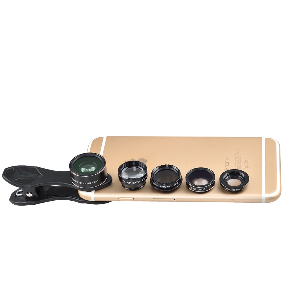 Apexel 5 In 1 Hd Camera Lens Kit Fisheye Lens + 0.63x Groothoek + 15x Macro Lens + 2X telelens + Cpl Lens Voor Iphone Samsung DG5