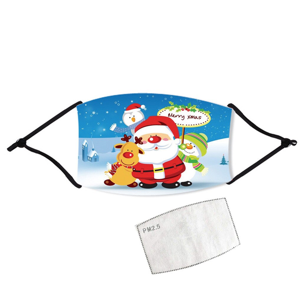 Face Mask Reusable With Filter Christmas Printed Adjustable Mouth-muffle Dustproof Washable Breathable Cycling Mascari1pc Filter: Blue