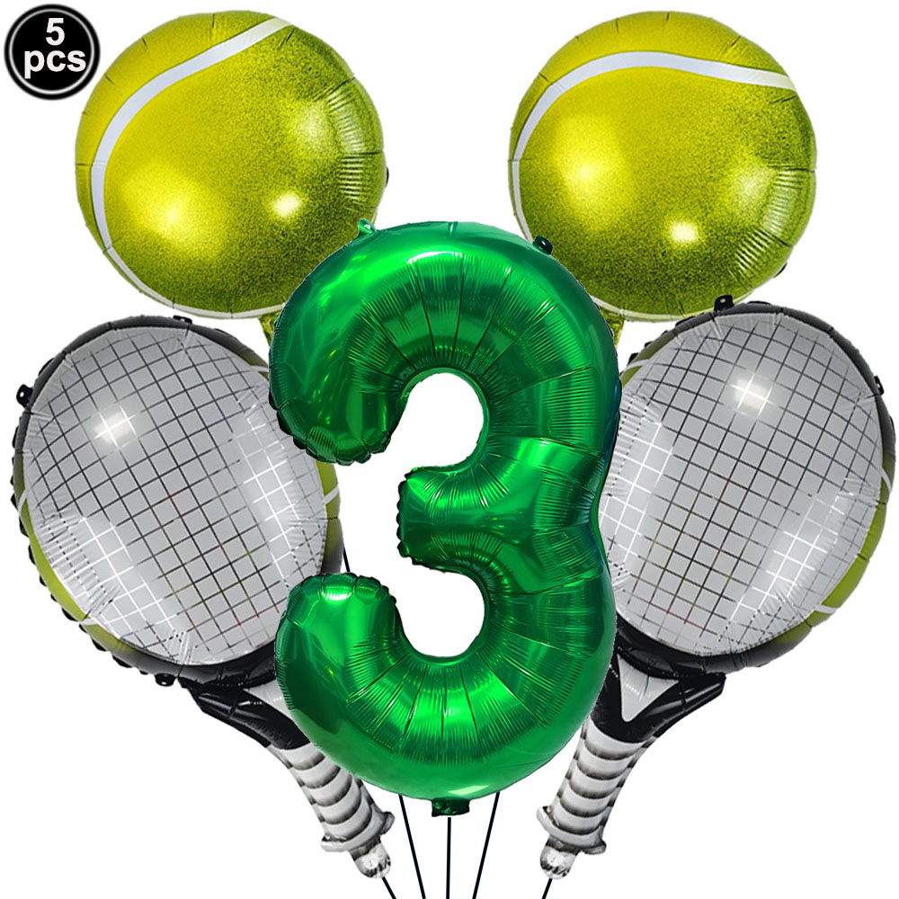 Juego de 5 uds de globos de tenis, globos de cumpleaños, globos de aluminio con números verdes de 32 pulgadas, globos de raqueta de tenis, decoración de temática de tenis: AGATE