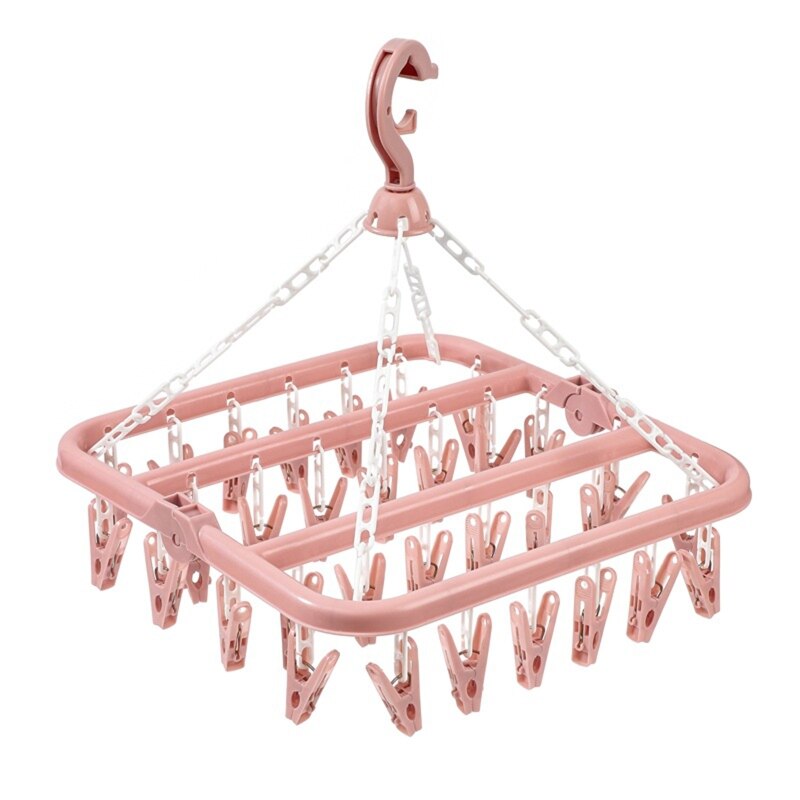 Colgador de secador de ropa plegable, estante de secado de plástico multifuncional para el hogar, dormitorio, balcón, armario, tendedero W, 32 Clips: Pink