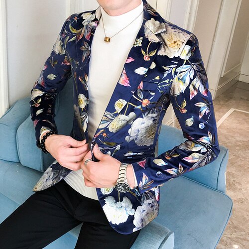 Menn blazer luksus blomster allover utskrift ball dress blazere single button party mann nattklubb slim fit bryllup dress jakke: Marinen / Asia  xl 61 to 67kg