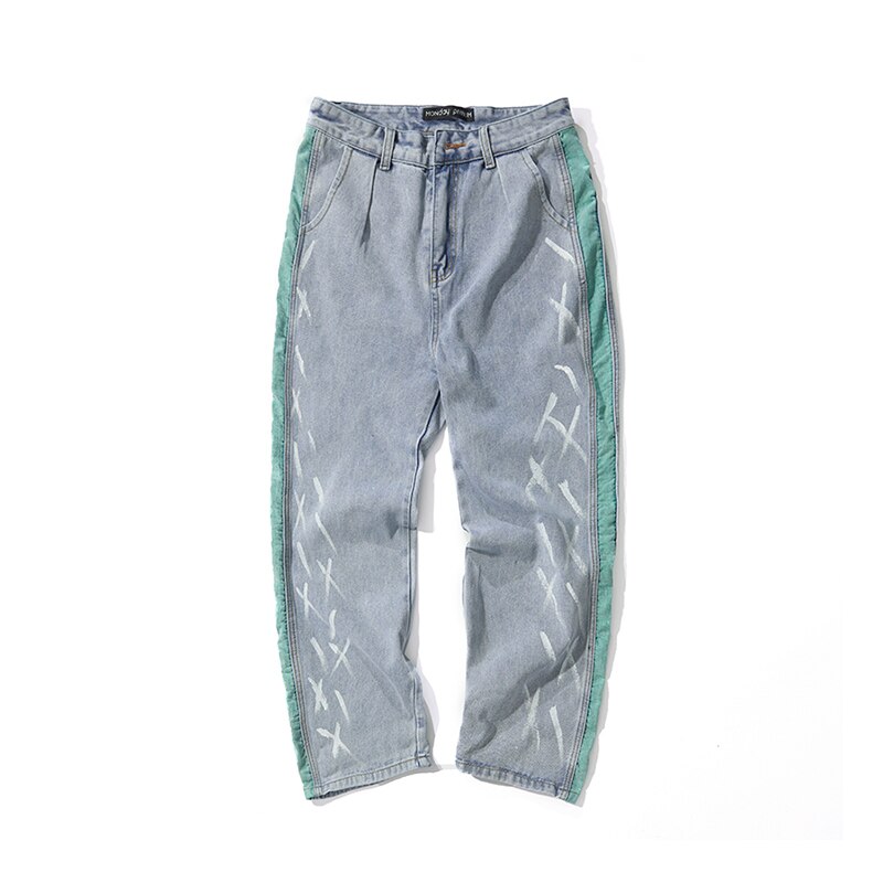 Hip hop graffiti ripped jeans stribede lige bukser uomo japansk streetwear kpop koreansk denim cargo bukser mænd: Grøn / L