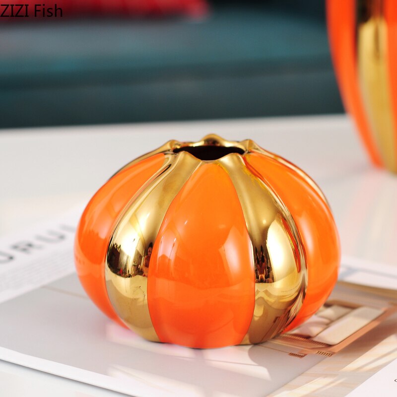 Star Fruit Ceramics Vase Orange Porcelain Vases Desk Decor Golden Stripes Floral Artificial Flowers Home Decoration Modern