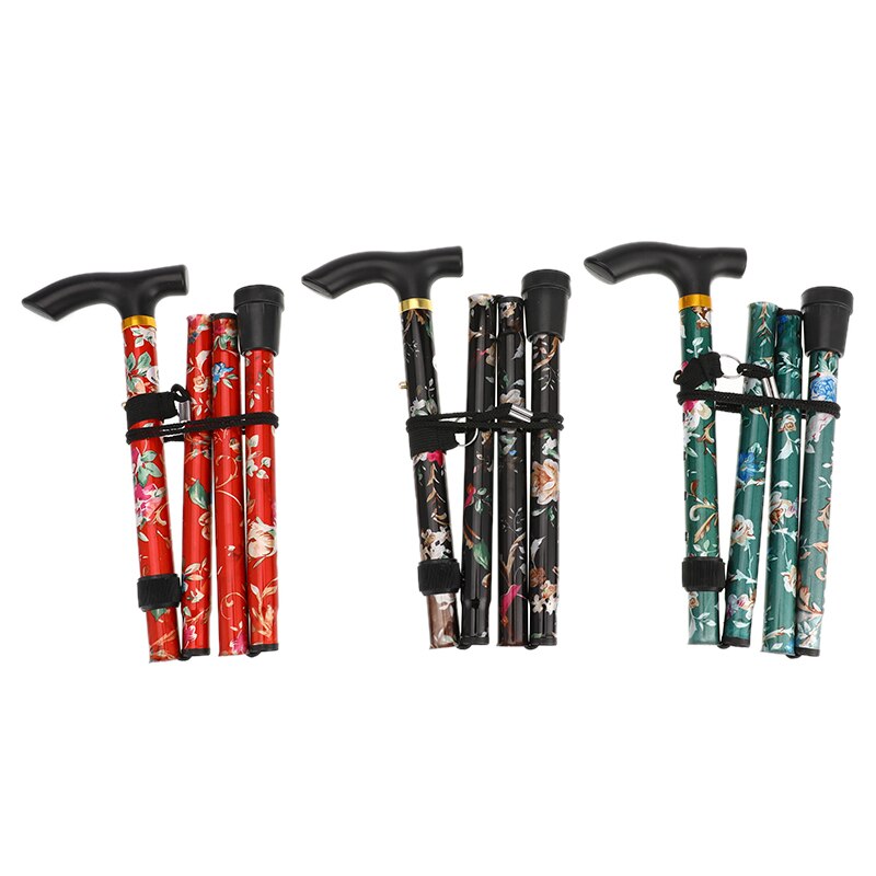 Shockproof printing cane telescopic trekking pole five sections aluminum alloy metal folding crutches elderly crutches poles