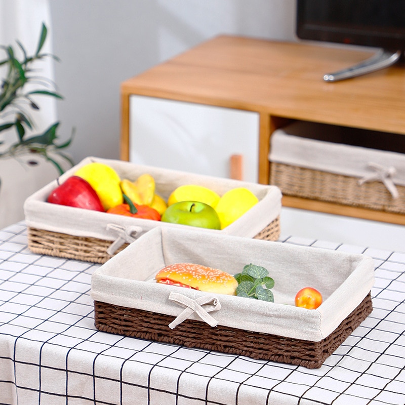 Bandeja de mimbre tejida a mano para almacenamiento de escritorio, cesta de mimbre para exhibición de comida, pan, fruta, aperitivos, mesa, tela, decoración artesanal