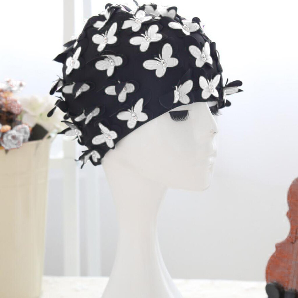 Badmuts Vrouwen Stijlvolle Retro Badmuts Met Vlinders Parels Decor Voor Lang Haar Dames Houden Haar Droog: White 