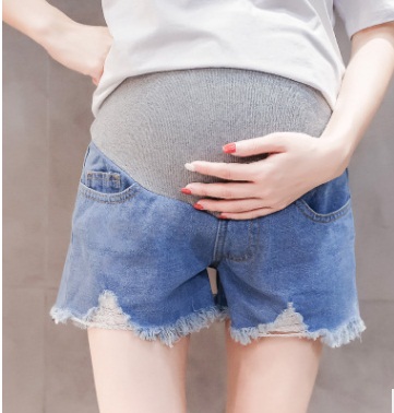 Sommer tynd denim barsel shorts elastisk talje mave korte jeans tøj til gravide kvinder graviditet bunde: Blå / L