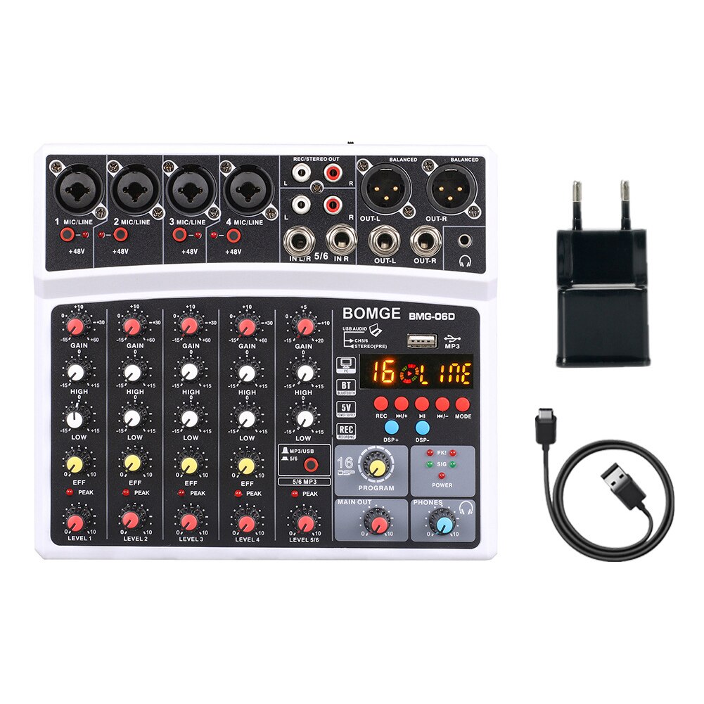 BMG-06D 6 Channels Mixing Console 16 DSP Bluetooth-compatible Audio Mixer USB Interface 48V Audio Equipment: EU plug White