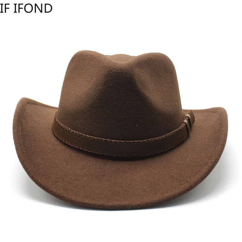 Women's Men's Winter Wool Western Cowboy Hat With Belt Cowgirl Jazz Toca Sombrero Cap Godfather Cap