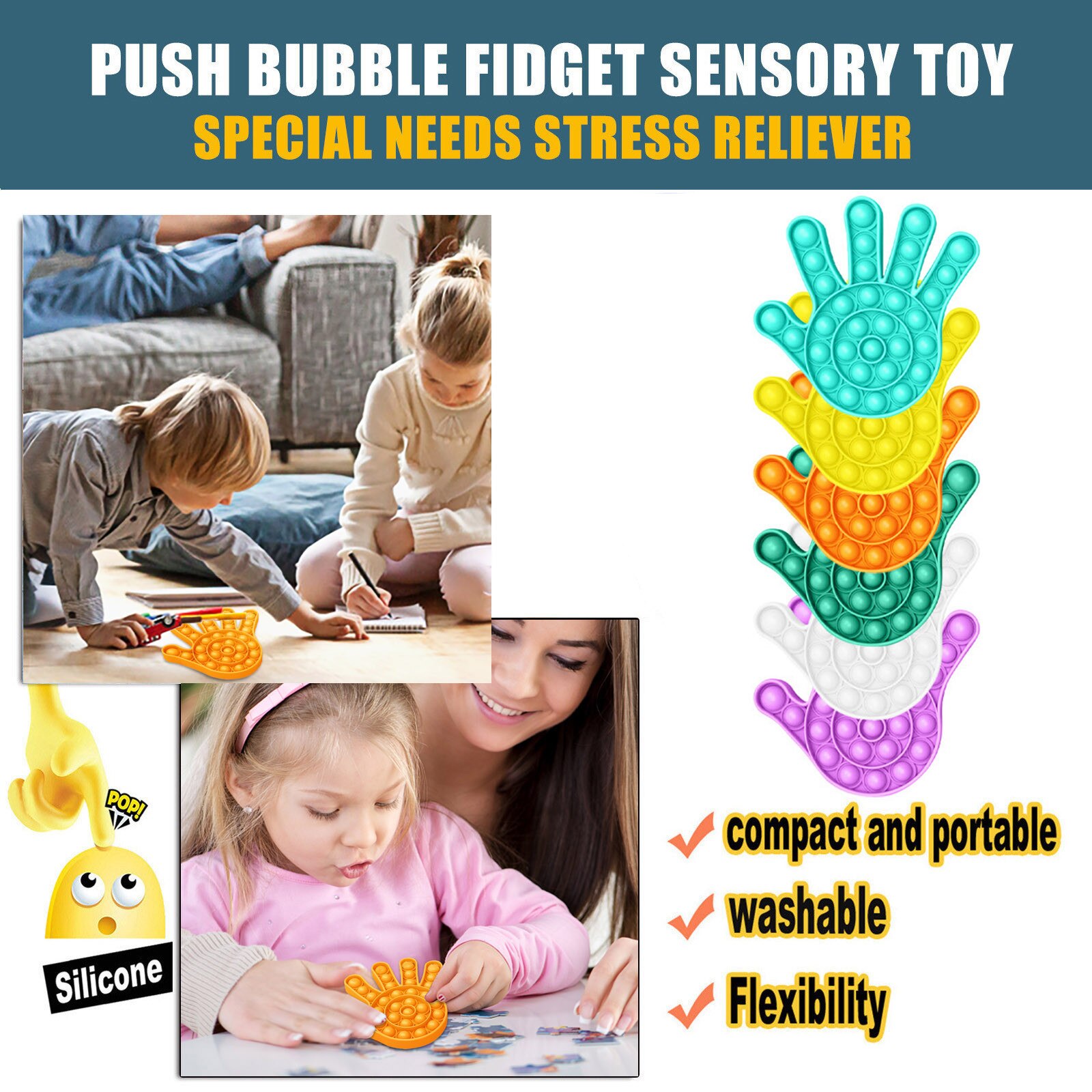 Funny Squeeze Toys Adult Kids Push Bubble Pop It Fidget Toys Autism Stress Reliever Squishy Round Hand Shaped Anti-Stress A