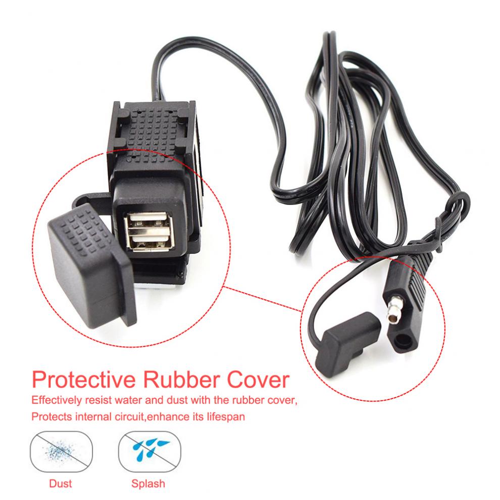 12V-24V 3.1A Motorcycle SAE Dual USB Cable Adapter Dual Port Power Socket Smart Phone Tablet GPS Charger for Motorbike