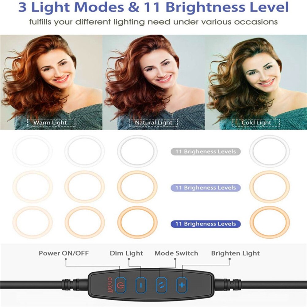 10.2 Inch LED Ring Light Dimmable USB Selfie Filled Light 3 Modes and 11 Brightness Levels With Phone Holder and Tripod