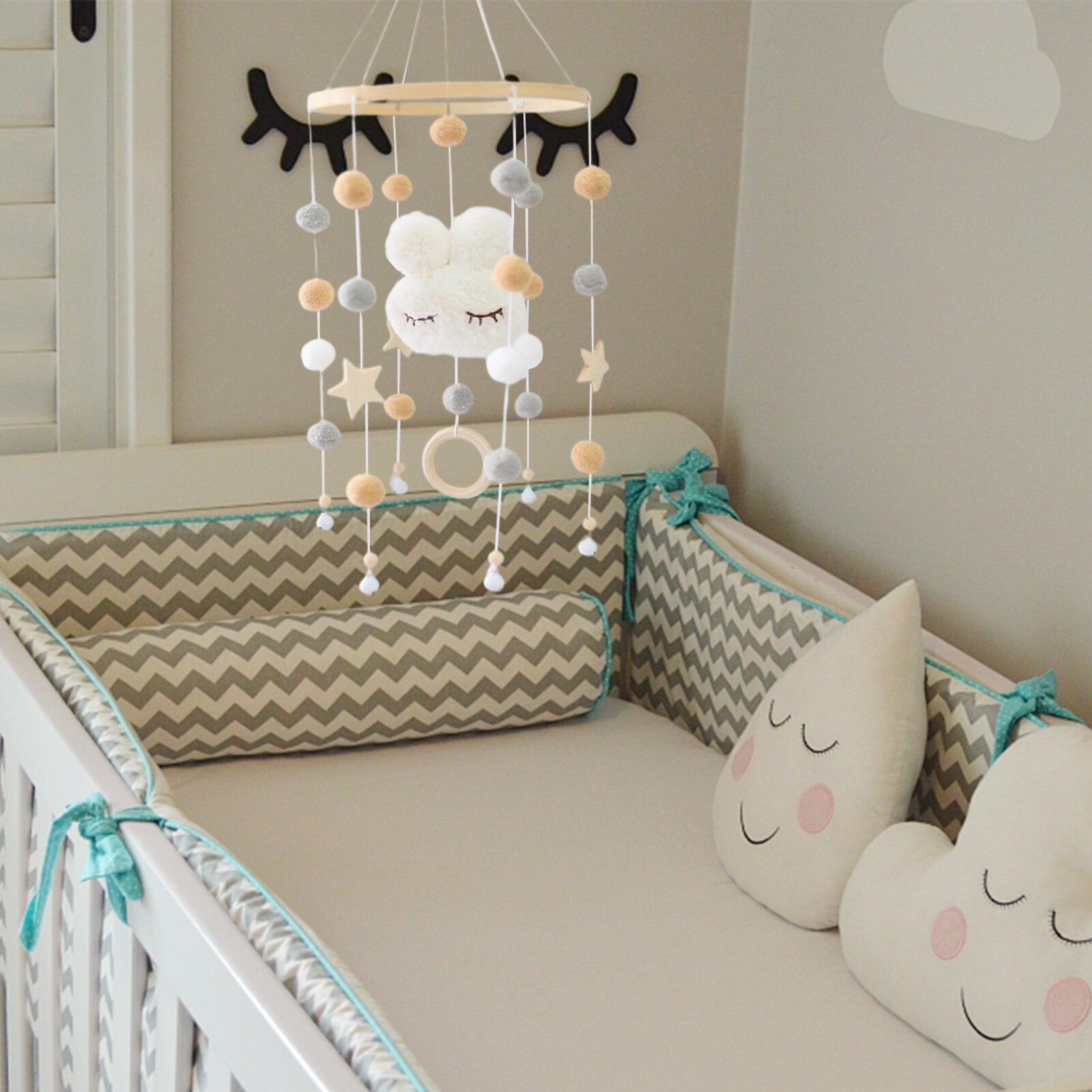 Baby Crib Mobile Wooden Handmade Bunny Baby Bell With Colorful Felt Balls Baby Bassinet Mobile Pendant Toys For Baby Bed Nurser