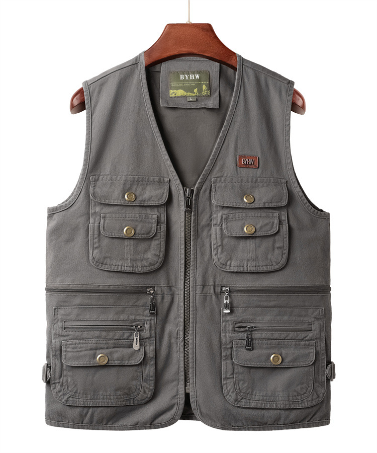 Herenvest met meerdere zakken, mouwloos jack, cargo vest voor heren, outdoor werkkleding, reis- en wandelvest, katoenen vest: Ik / Zwart
