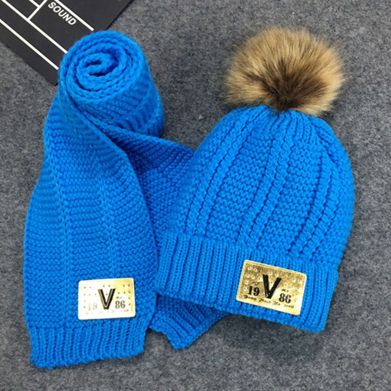 Småbørn børn vinter chunky hæklet pompon varm foring beanie hat langt tørklæde sæt