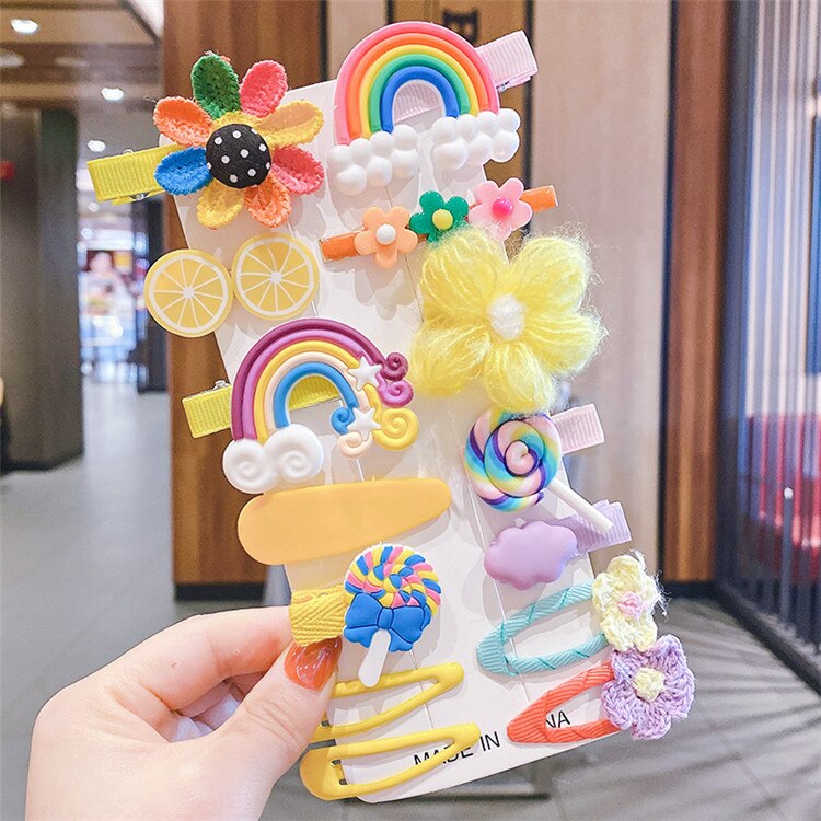 14 unids/caja niños dulce lindo de dibujos animados de seguridad adorno para el cabello Clips chicas bebé bandas para el cabello de los niños horquillas accesorios para el cabello: 14PC Yellow3 Headwea