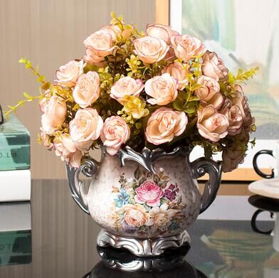1set European artificial flower+vase living room home table wedding decor potted bonsai ornament silk flores +Ceramic vase: j1