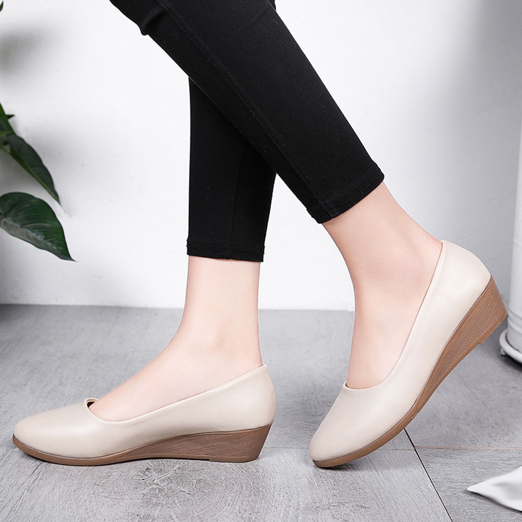 38# Women Office Shoe Flat Office Ladies Shoes Women Wedge Casual Shoes Round Head Solid Wild Work Shoes
