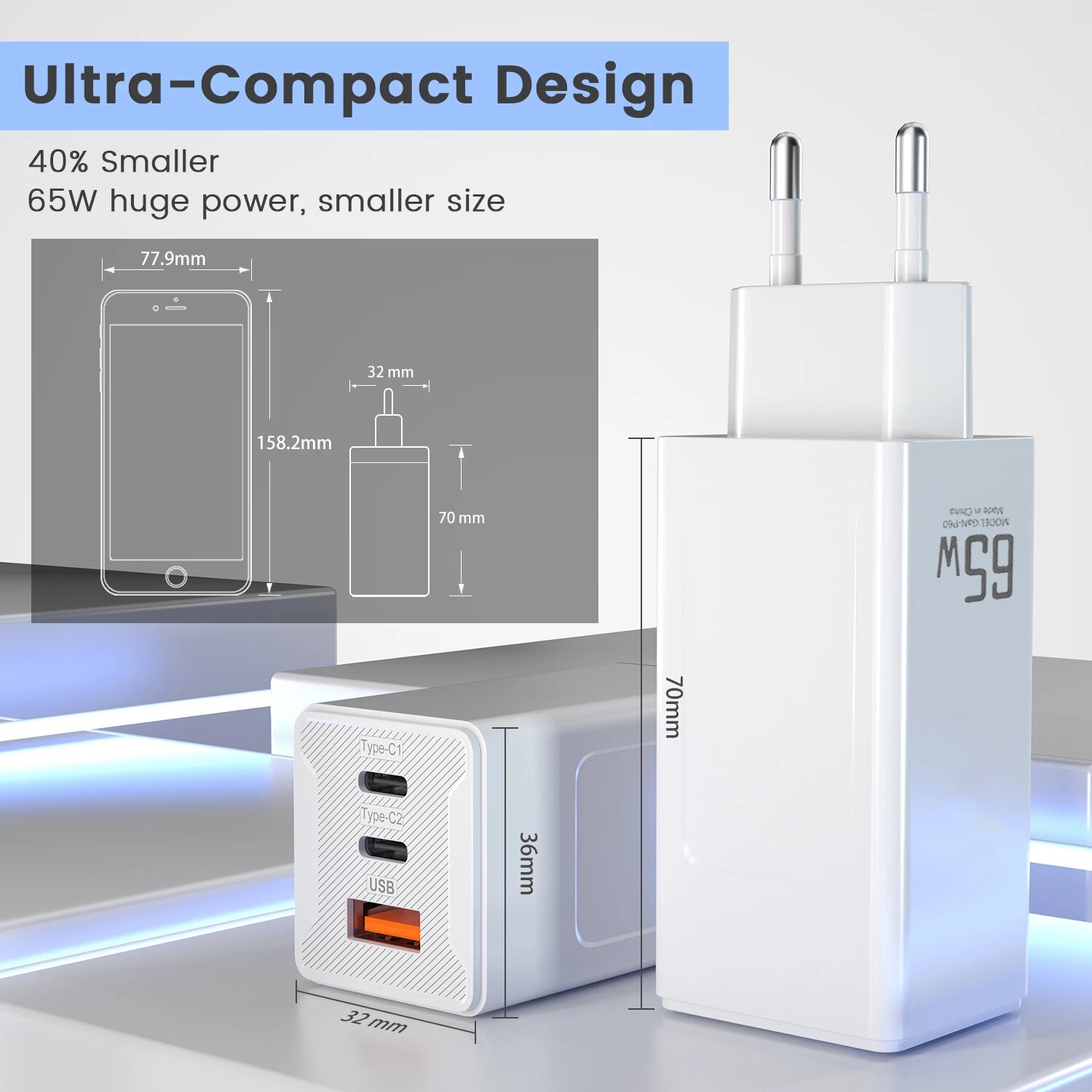 65W Gan Usb C Lader Snel Opladen QC4.0 Qc PD3.0 Usb Type C Fast Charger Voor Iphone 12 Pro max Macbook Huawei Samsung