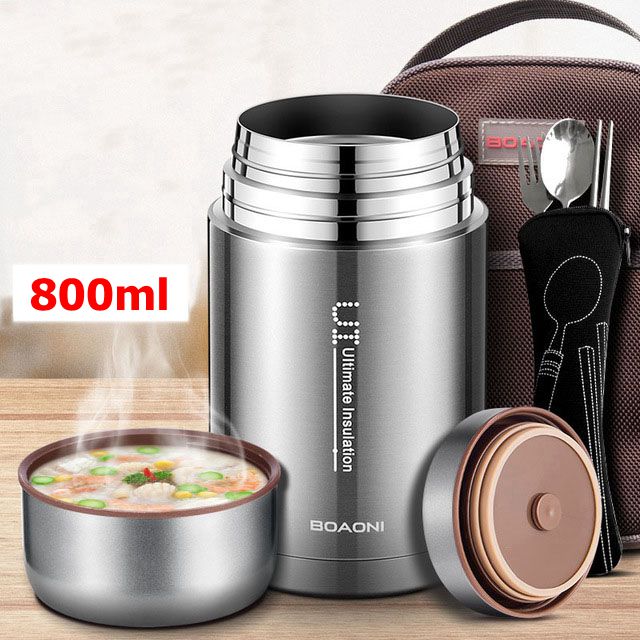 BOAONI 800ml/1000ml Food Thermal Jar Vacuum Insulated Soup Thermos Containers 316 Stainless Steel Lunch Box with Folding Spoon: steel 800ml