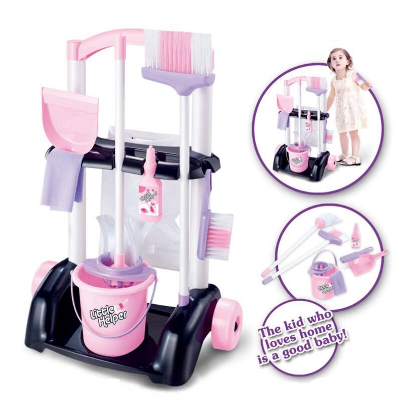 Kids Cleaning Trolley Toy Pretend Play Toy House Cleaning Cart Tools Girls Cleaning Playset Trolley with Mop and Brush