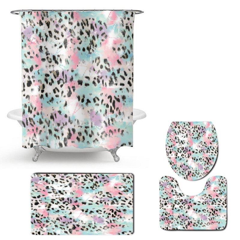 Leopard Print Animal Bathroom Set Toilet Lid Cover Bath Rugs Carpet Waterproof Shower Curtain with Hooks 4pcs Shower Curtain Set: Color-2