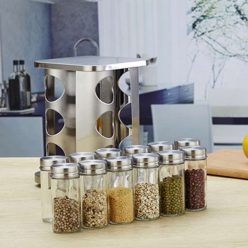 de caja de condimentos rotatoria, bote para sal de acero inoxidable, tarro de condimento de vidrio, caja de suministros de cocina condimentos, temporada