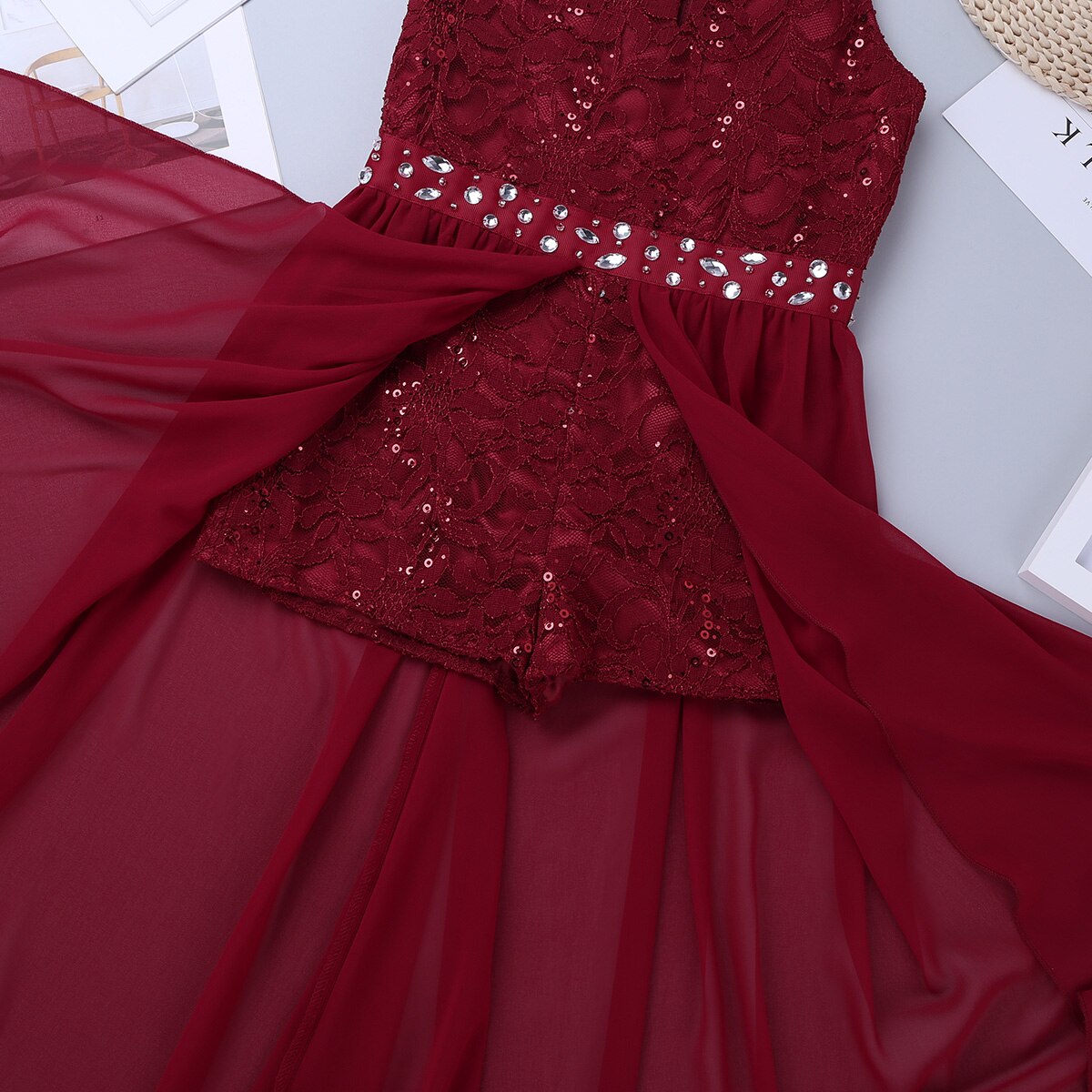 Meisjes Lyrische Dans Turnpakje Jurk Dancewear Mouwloze Bloemen Kant Strass Bruiloft Verjaardag Feestjurk